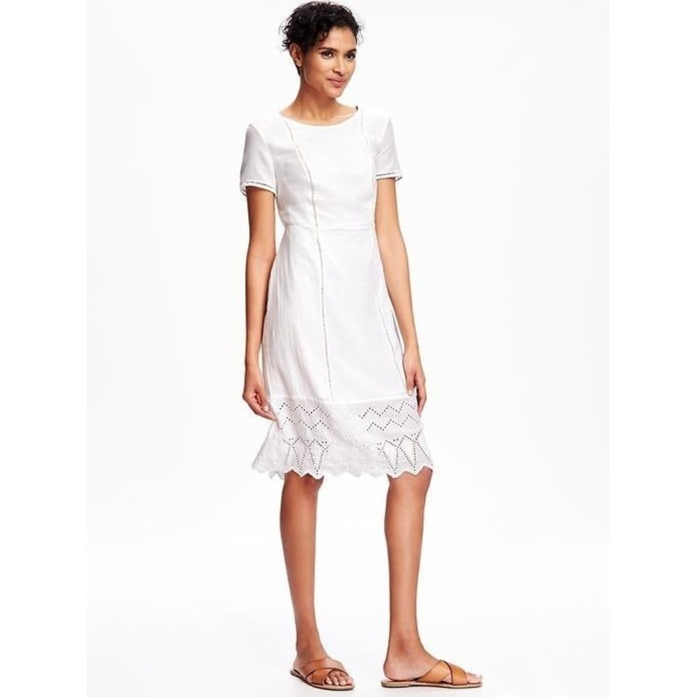 Old Navy Dress M White short Sleeve Midi Embroidered Lightweight cottage‎ Eyelet